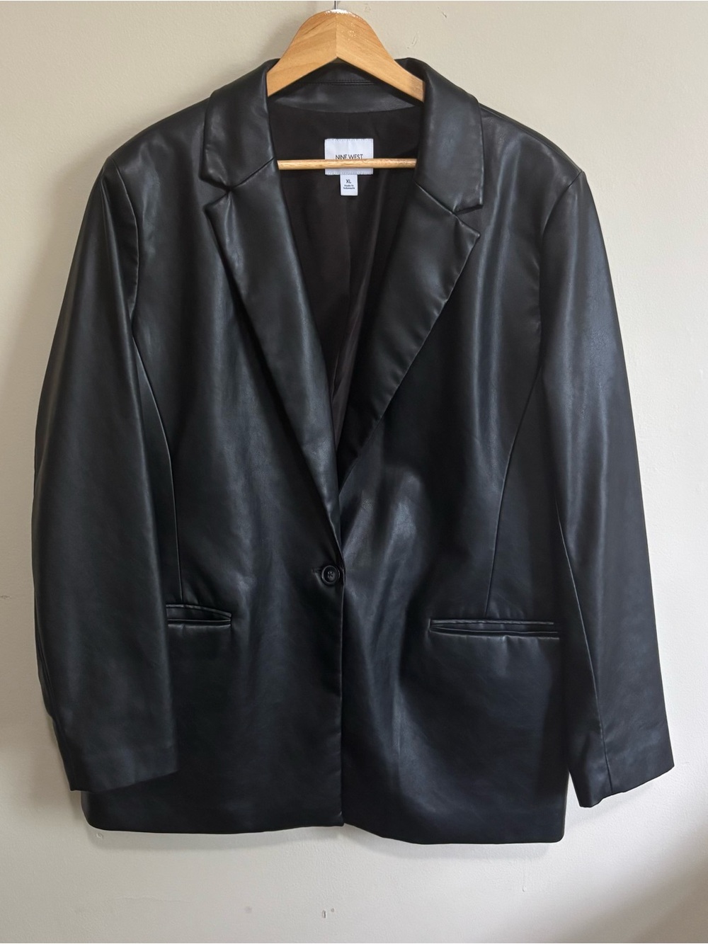 Nine West Black Faux Leather Single Button Blazer Jacket XL